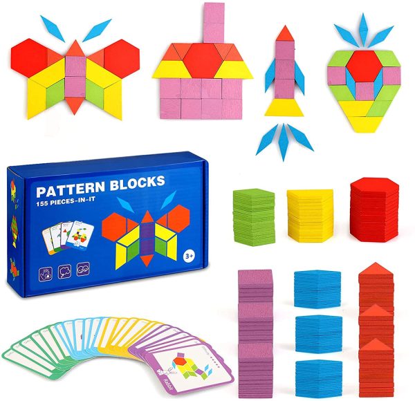 155 Pieces Wooden Pattern Blocks Montessori Education Puzzle Classic Development 