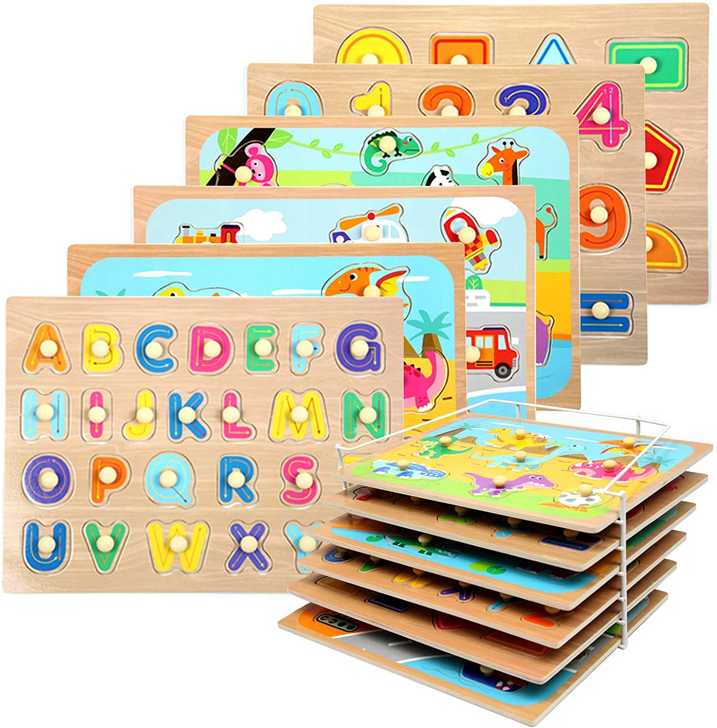 Wooden Alphabet Number Puzzles and Shape Puzzle for Kids Ages 2 3 4 5 3 Pack 