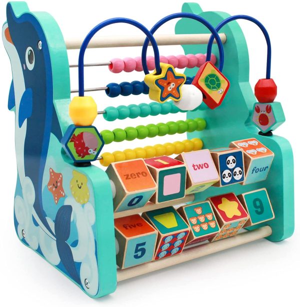 SOPHIRE 6 in 1 Bead Maze Activity Center for Kids Wooden Activity Cube Toys Wooden Abacus Play Cube Multi Functional Learning Toy for Toddlers 