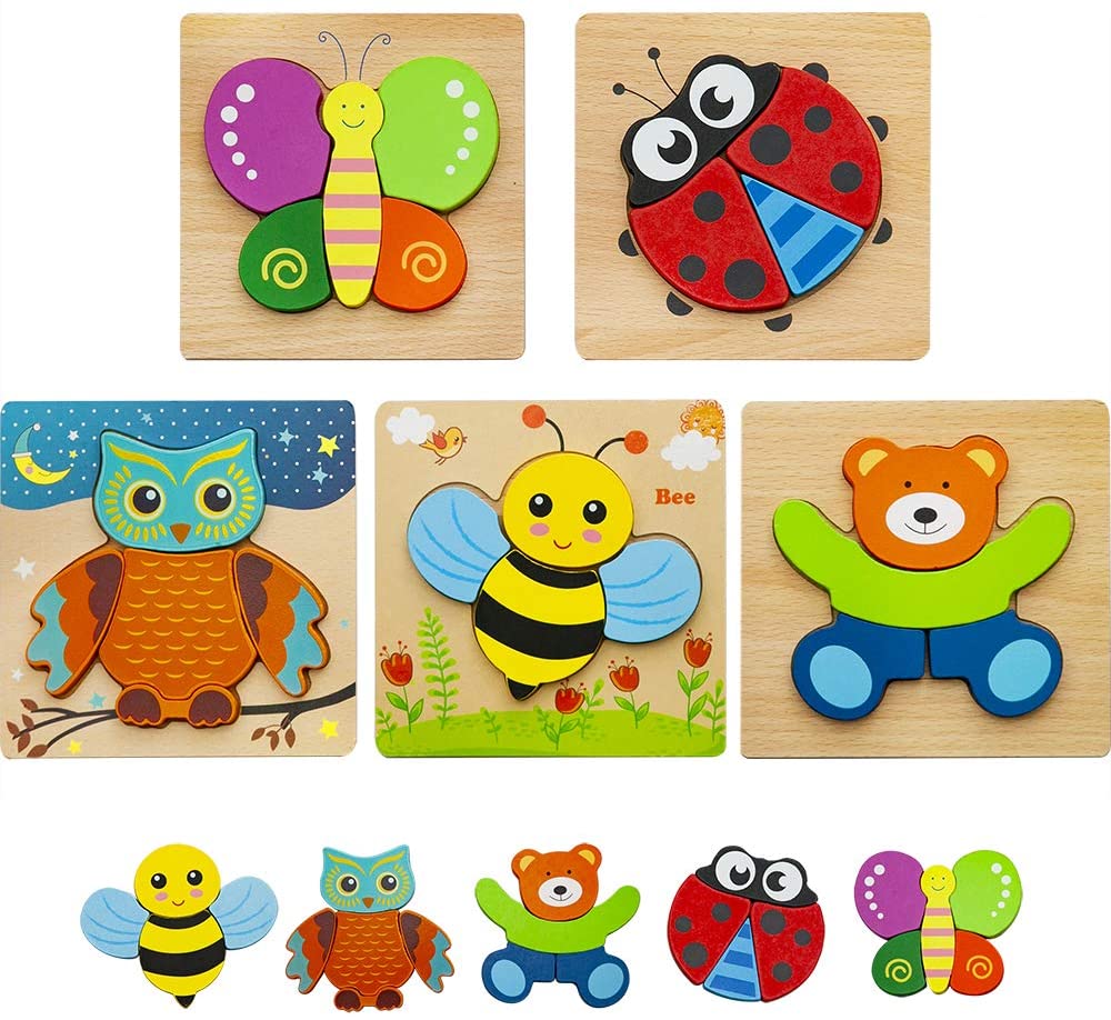 Educational Preschool Toys Gift with Bright Vibrant Colors No BPA Wooden Jigsaw Puzzles Puzzles Toys with 4 Animals Patters for Toddlers 1 2 3 Years Old 