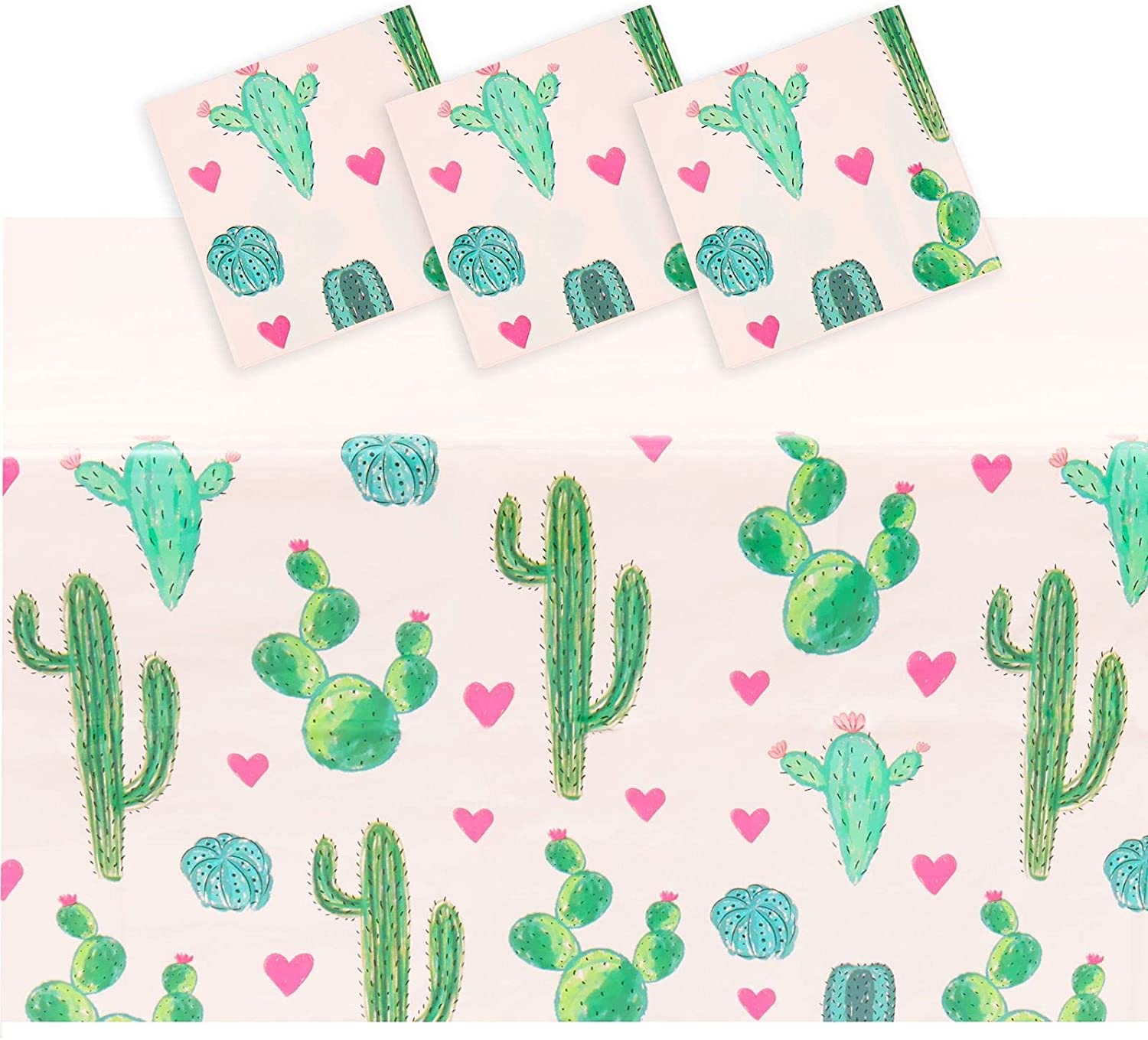 Pink, 54x108 in, 3 Pack Plastic Cactus Tablecloth for Let's Fiesta Birthday Party Decorations