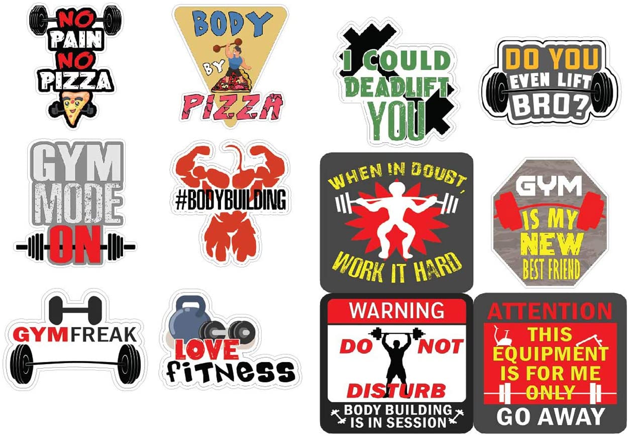 Gym Fitness Stickers DIY Decoration Decal for Any Flat Surface laptops 12 des. x 4pcs ea. Bicycles Bikes 4 Bulk Sets Cars Bumpers Luggage A7-Sized 3.55x 3.94 in - Approx Skateboards 