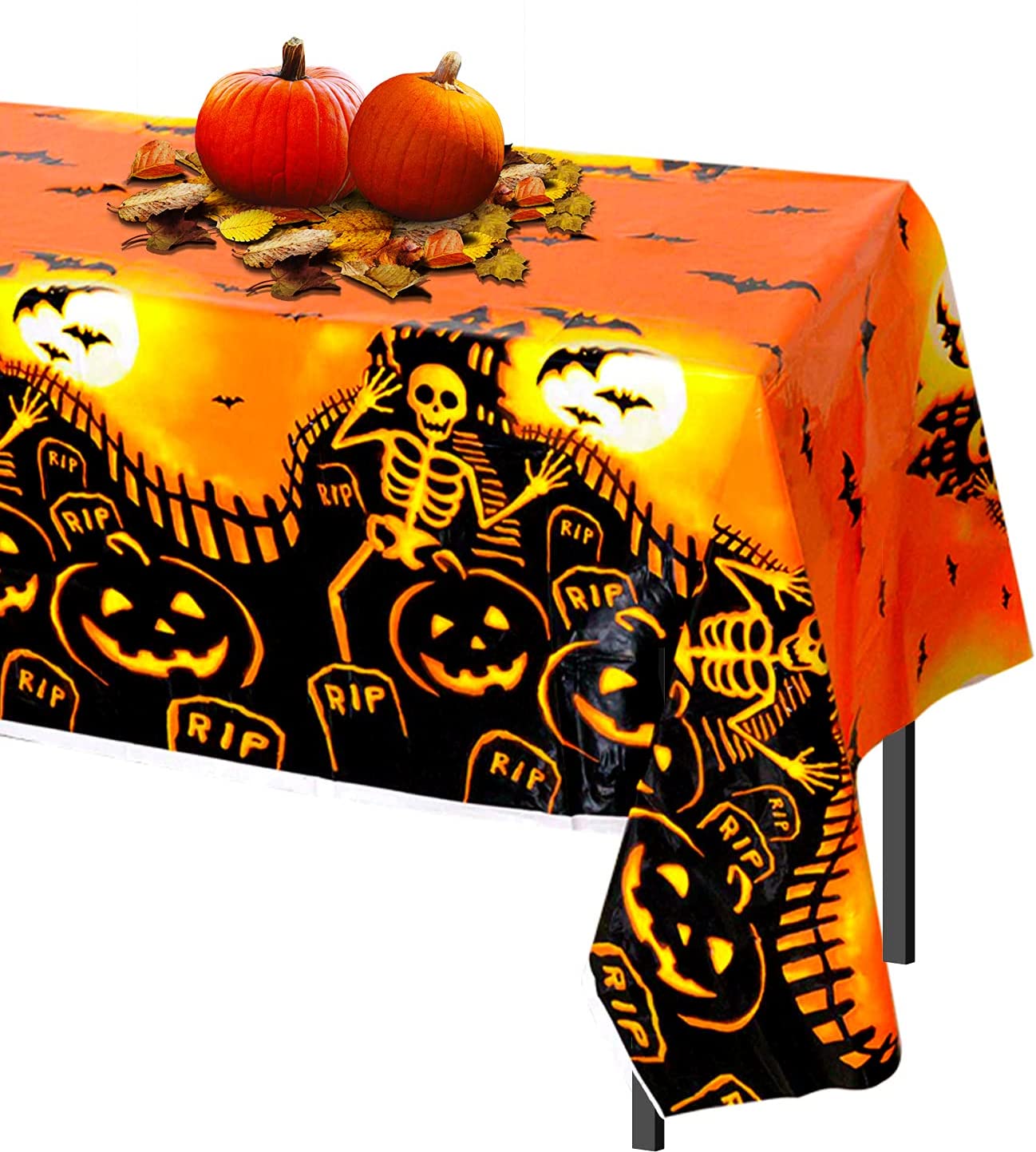 Jinlaili Halloween Tablecloth Waterproof Table Cover with Skull Pattern 137 x 180cm Plastic Tablecloth Rectangular Disposable Party Tablecloth for Kids Halloween Party Black 