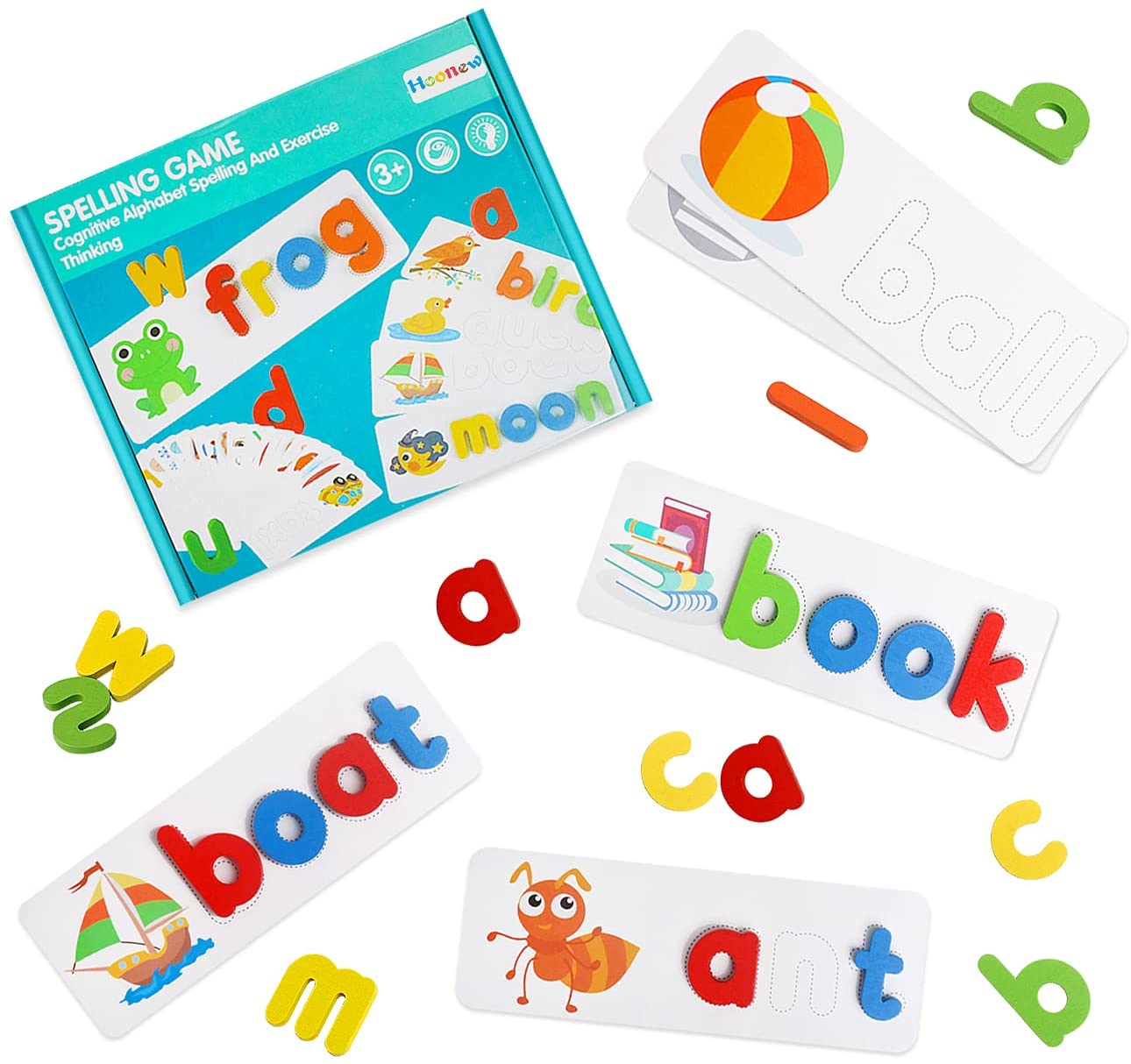 Flyingseeds See and Spell Learning Toy,Sight Words Flash Cards,Matching Letter Puzzles Games for Kids Toddlers 2 3 4 5 6 Year Old（28 Double-Side Cards & 52 Wooden Alphabet Blocks） 