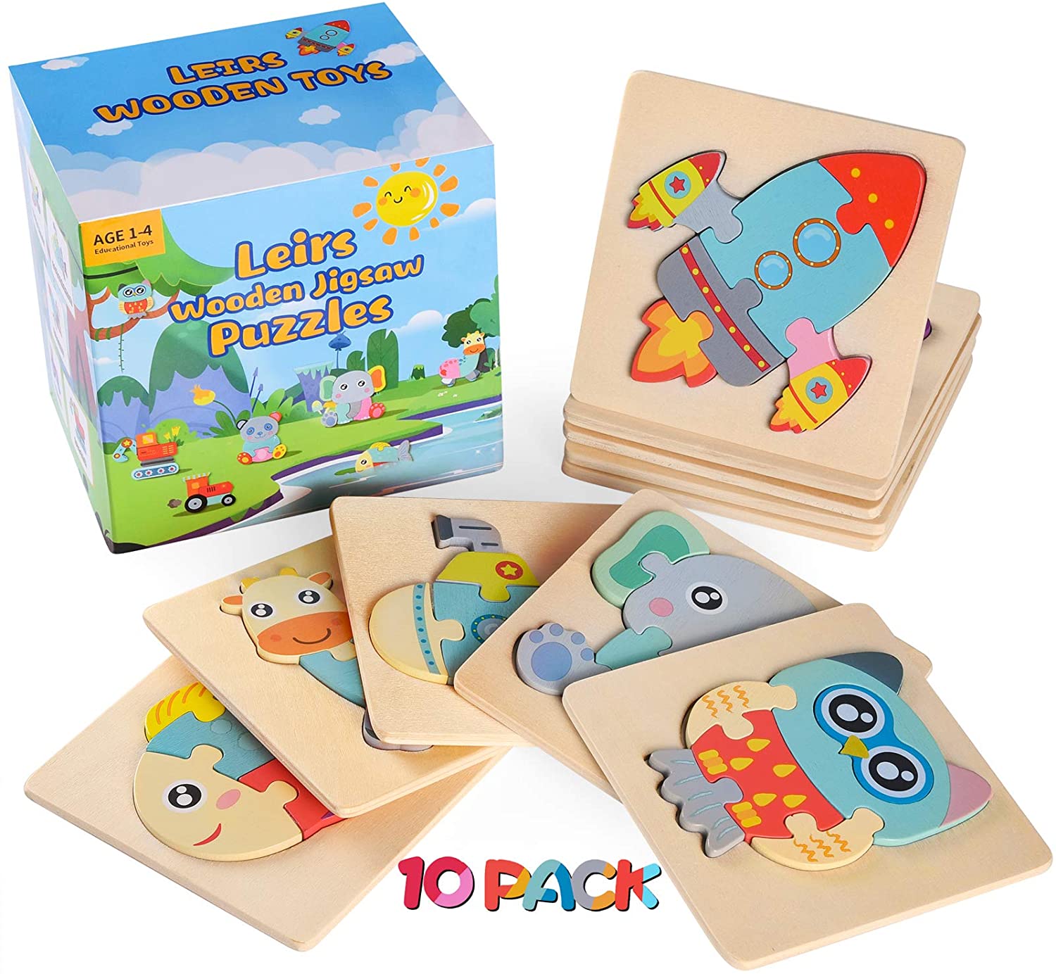 10 Pack Wooden Jigsaw Puzzles for Toddlers Kids 1 2 3 Years Old Educational Toys for Boys and Girls 