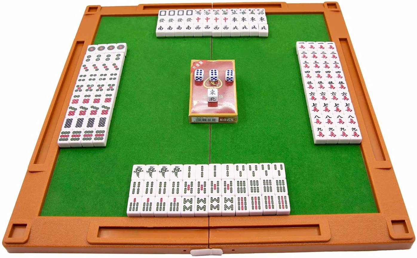 Portable Mahjong Set Interesting Chinese Mahjong Game Set Retro Mini Mahjong Set with 144 Tiles and Carrying Storage Box for Travel Party Family Leisure Time 