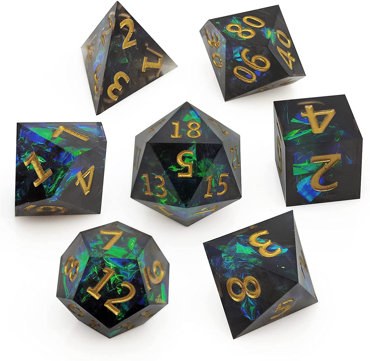 Pathfinder Savage World and Table Games Ice Blue Color Handmade 7PCS Sharp Edge Dice with Beautiful Inclusions for Dungeons and Dragons Shadowrun DND Dice Set 