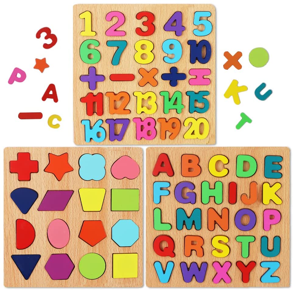 Alphabet Puzzles - 3D Wood Alphabet / Number / Shape Puzzle Set ABC Letter Wooden  Puzzles Board Educational Matching Game Learning Puzzles Board Perfect Toy  Gift for 3+ Years Old Boy Girl 
