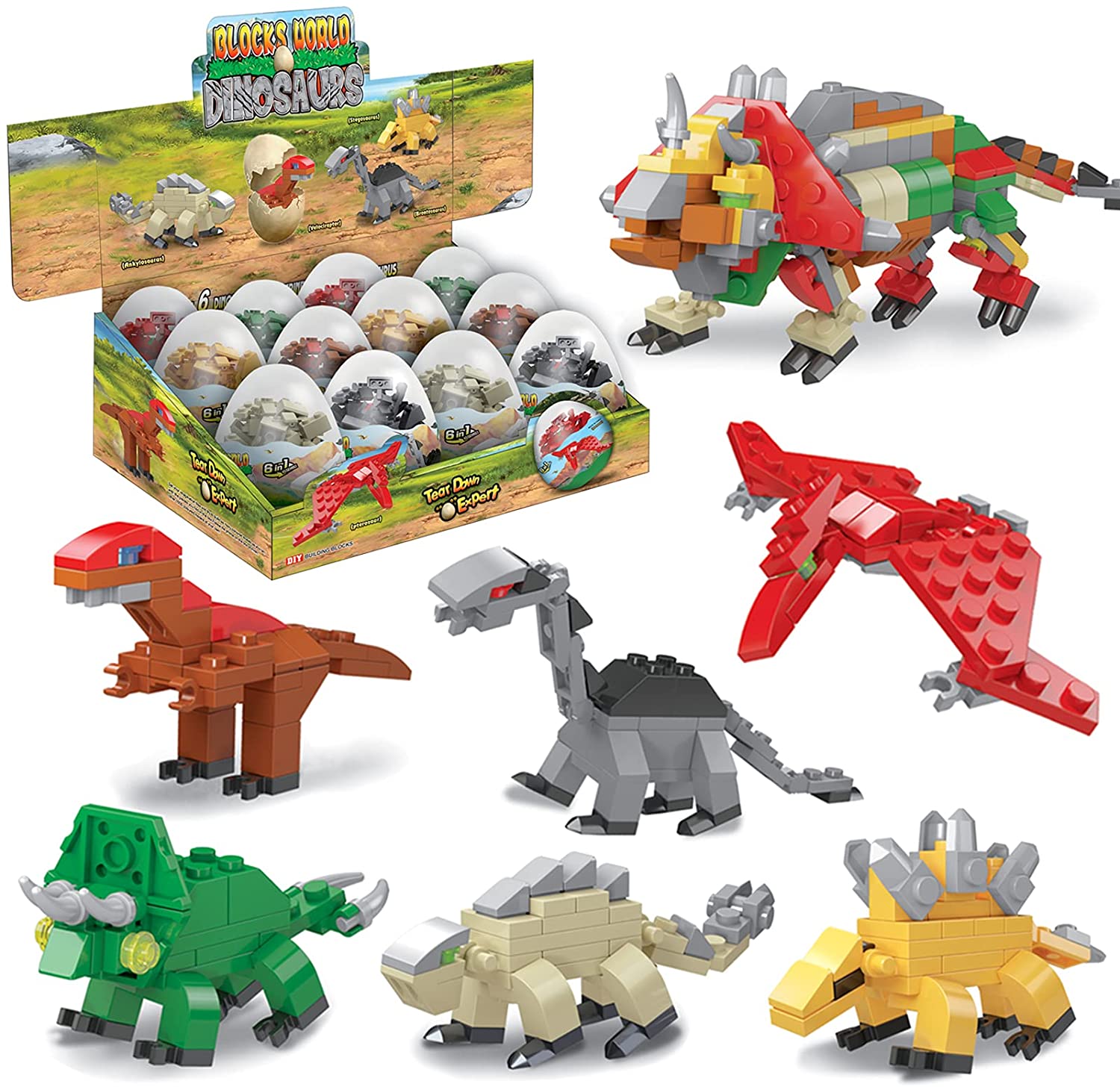 18 Pieces Easter Dinosaur Building Blocks Prefilled Easter Eggs with Dinosaur Blocks Stacking Block Sets for Dinosaur Party Favors Easter Basket Stuffers 