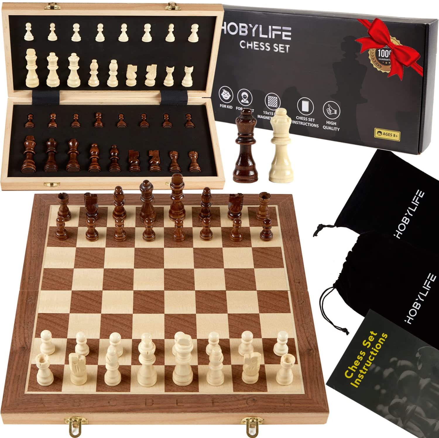 4" CHESS PIECES W EXTRA QUEEN BOARD BAG CLOCK SET 