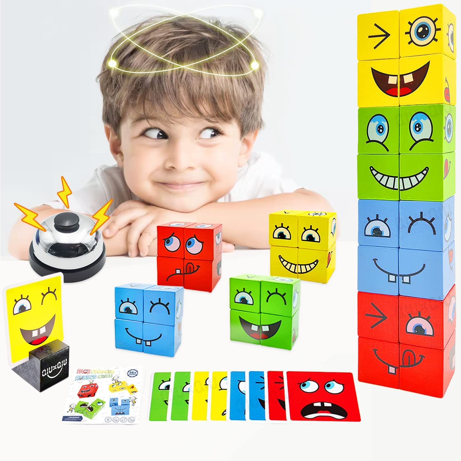 QIUXQIU Wooden Expressions Matching Block Puzzles Cute Geometric Emoji Building Blocks with Bell Educational Montessori Toys Parent-Child Board Games for Ages 3 Years and Up Kids Birthday Gift 