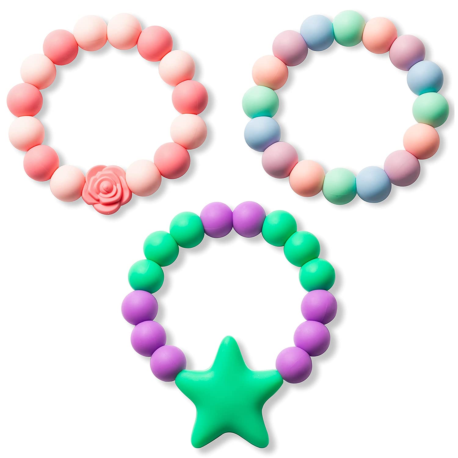 2 Pcs Sensory Chew Necklace Bracelet for Baby Silicone Chewable Jewelry Pink Purple Teether Necklace Autism ADHD SPD Baby Oral Motor Chewing Beads Bracelet Biting Teething Toy