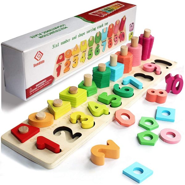 Kids Jigsaw Puzzles Montessori Numbers Learning Prek Toys Wood Shapes Colors Fun 