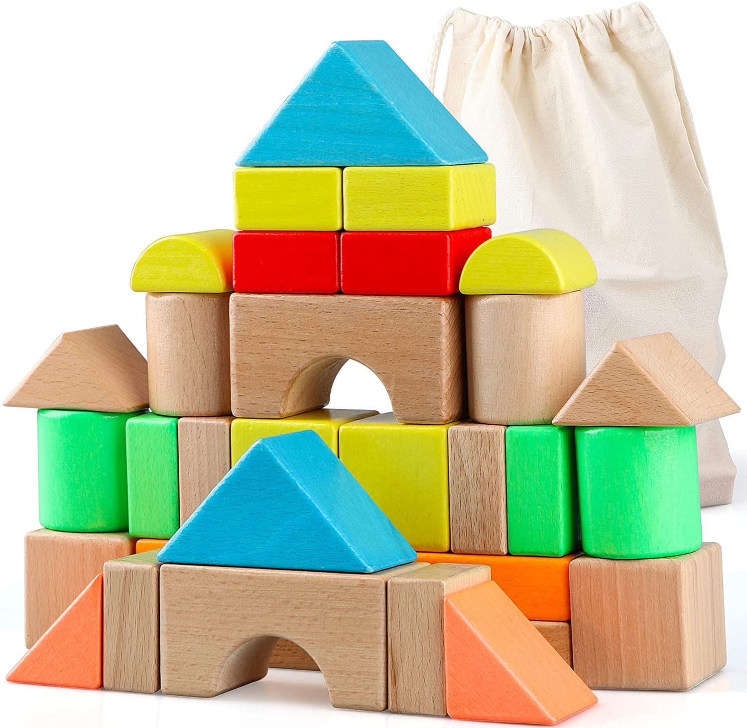 Gemileo Wooden Blocks Building Blocks for Toddlers Wood Large Construction Stacking Bricks Blocks Board 32 Pieces Educational Learning Toys Games for Kids Boys Girls 