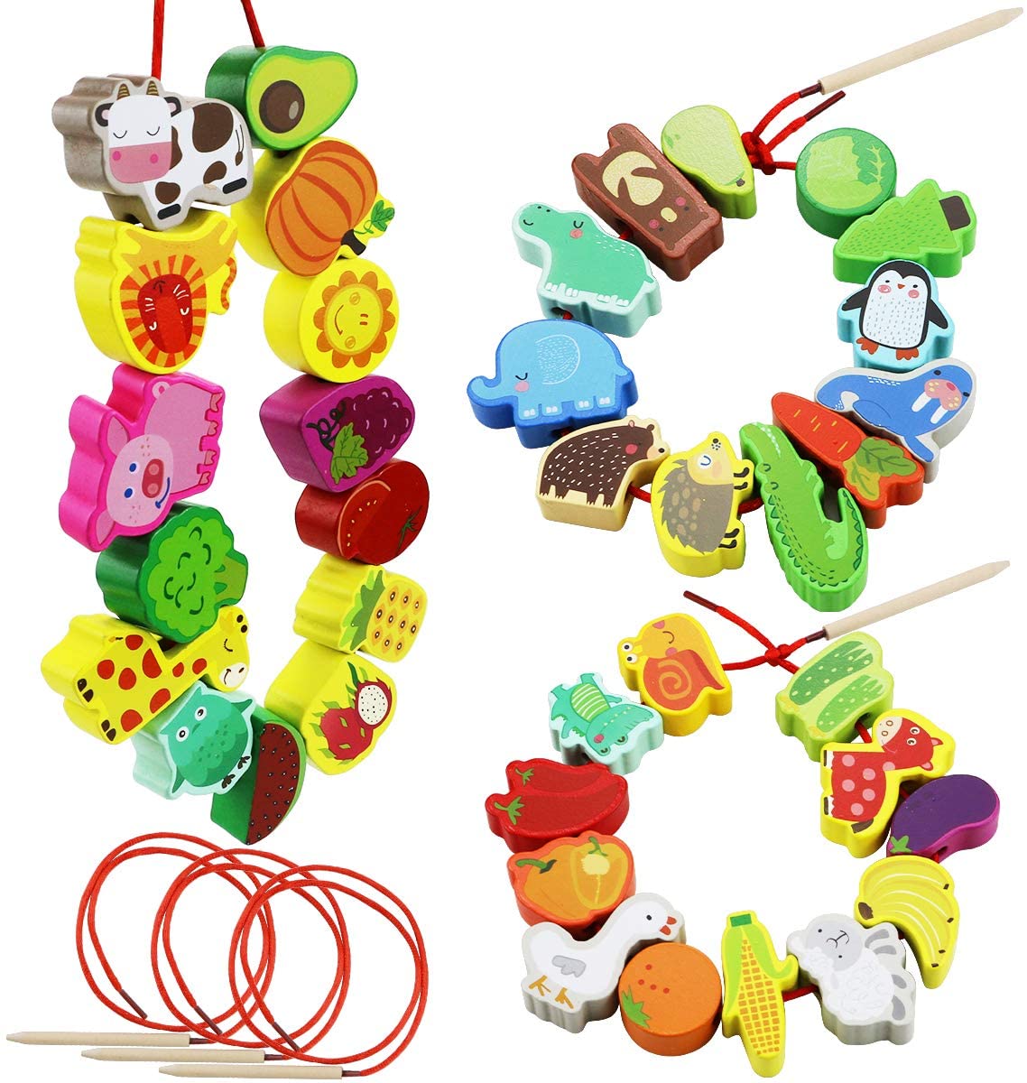 24Pcs Baby Wooden DIY Toy Fruit Animal Stringing Threading Wooden beYRH5 