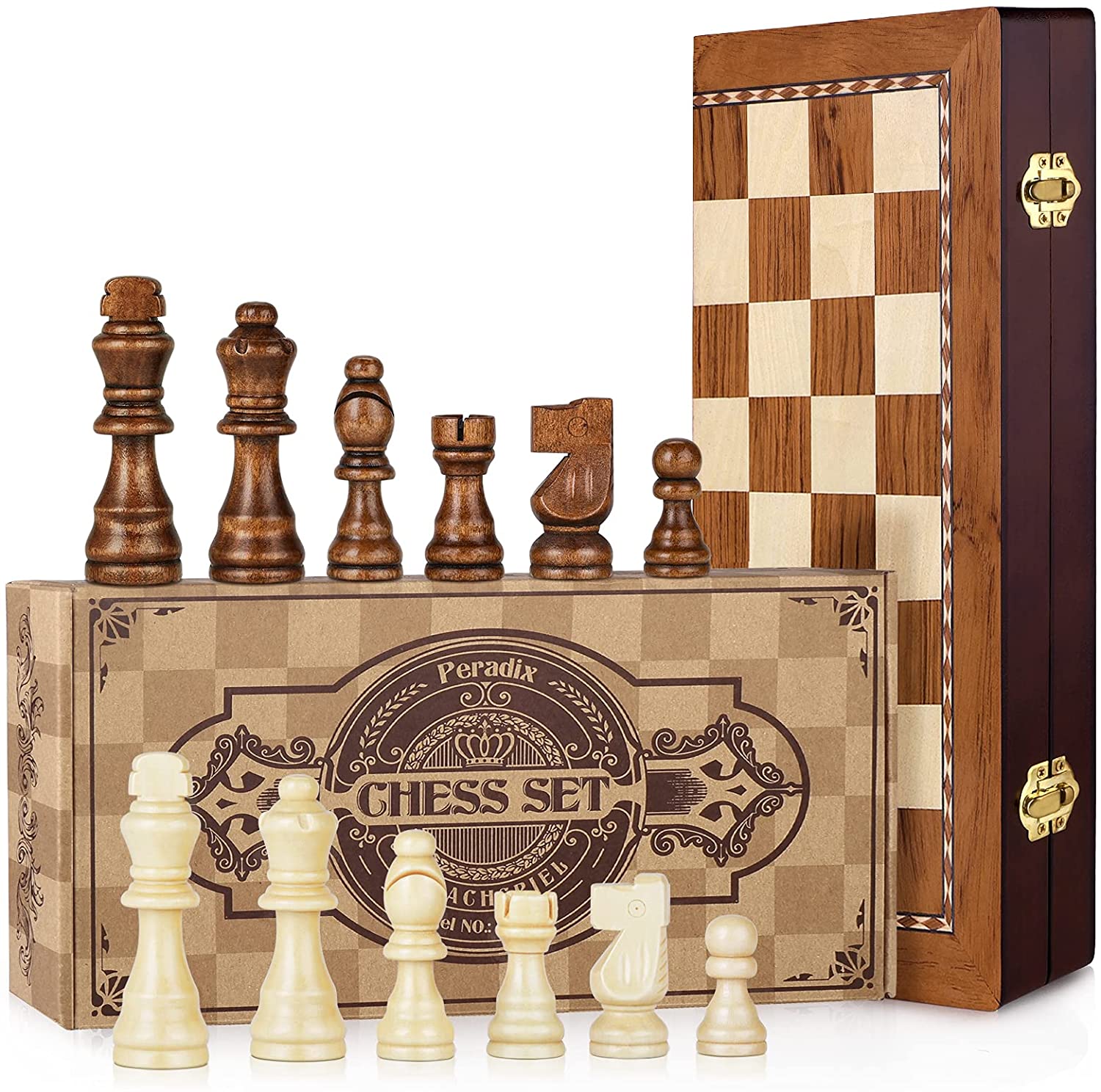 Christmas Chess Gifts for Men Women Travel Folding Chess Board Game Set with Storage Slots Peradix Magnetic Wooden Chess Set 2 Extra Queens Handmade Staunton Wood Chess Pieces 13.78 