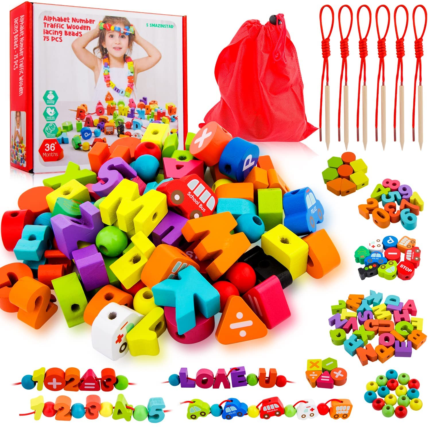 Toddler Kids Montessori Lacing Beads Toy Fine Motor Skills Letters