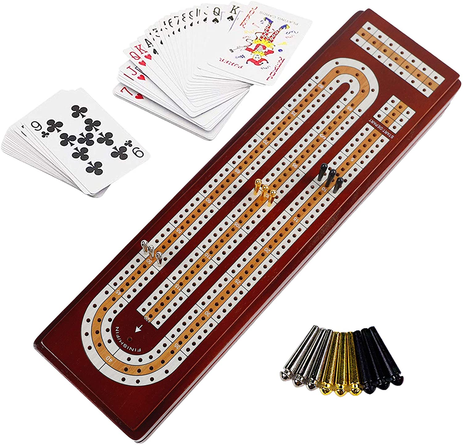 Regal Games Wooden Cribbage Board Game with Metal Pegs and a Standard Deck of Playing Cards 