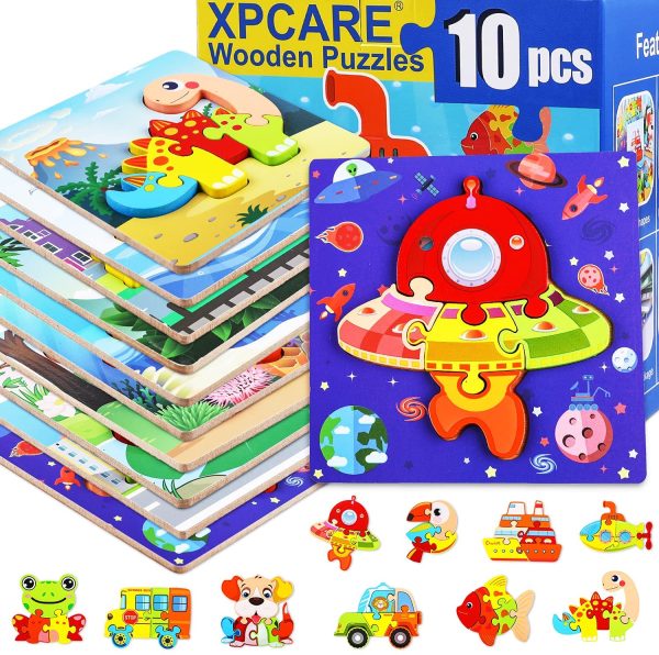 XPCARE 10 Pack Wooden Animal Puzzles Toddler Ages 1-3 Jigsaw Toys for Early Education Wooden Puzzles with Different Patterns for Christmas 