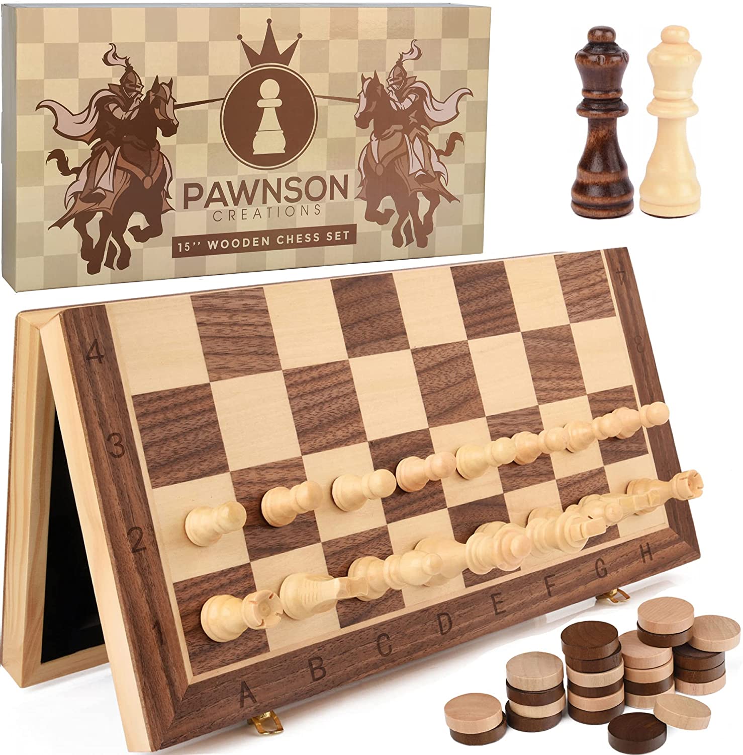 Magnetic Wooden Chess Checkers Set for Kids and Adults u2013 15u201d  Staunton Chess Set – Travel Portable Folding Chess Board Game Sets –  Storage for Wood Pieces – Unique E-Book for Beginner –