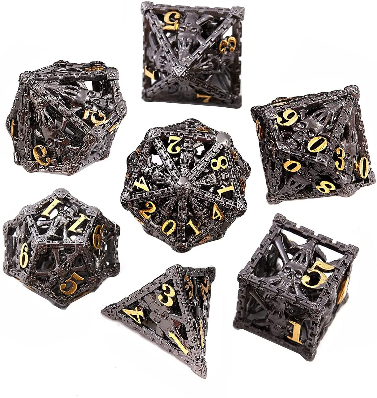 Hollow Metal DND Game Dice Skulls Antique Copper 7Pcs Set for Dungeons and Dragons RPG MTG Table Games D&D Pathfinder Shadowrun and Math Teaching with Metal Case 