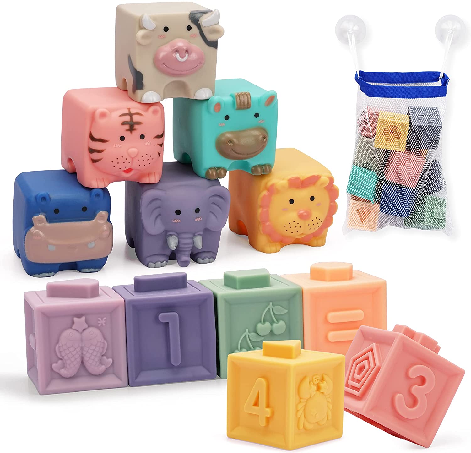 Soft Baby Blocks 6 to 12 Months and Up Animal Squeeze Block Set 12Pcs Infant Stacking Cup Sensory baby stacking toys Babies Bath Toy Building Blocks for Boys& Girls Teething Toy Play Activity Gym 