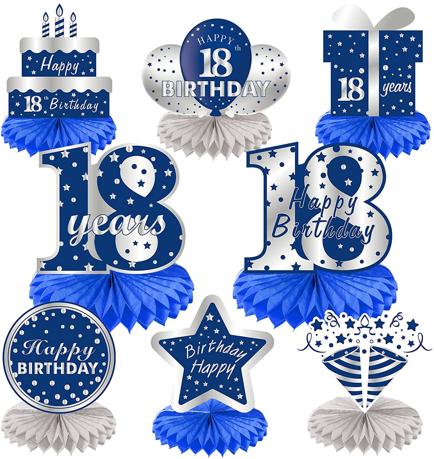 18Pcs 118th Birthday Decorations Table Centerpiece Party Supplies, Blue  Silver Happy 118 Year Old Birthday Honeycomb Centerpieces, Eighteen Birthday  ...