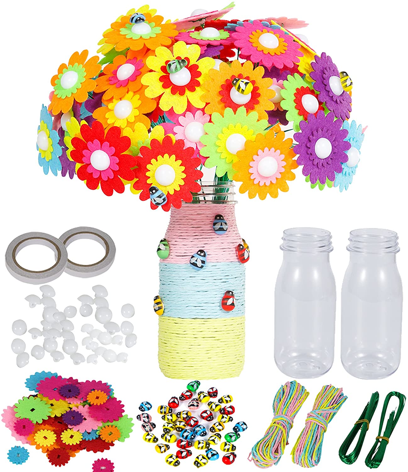 Crafts and Art Set Gift for Girls Boys Age 4 5 6 7 8 9 10 12 Years Old Make Your Own Flower Bouquet with Buttons and Fabric Flowers DigHealth DIY Vase with Flowers Craft Kit for Kids 