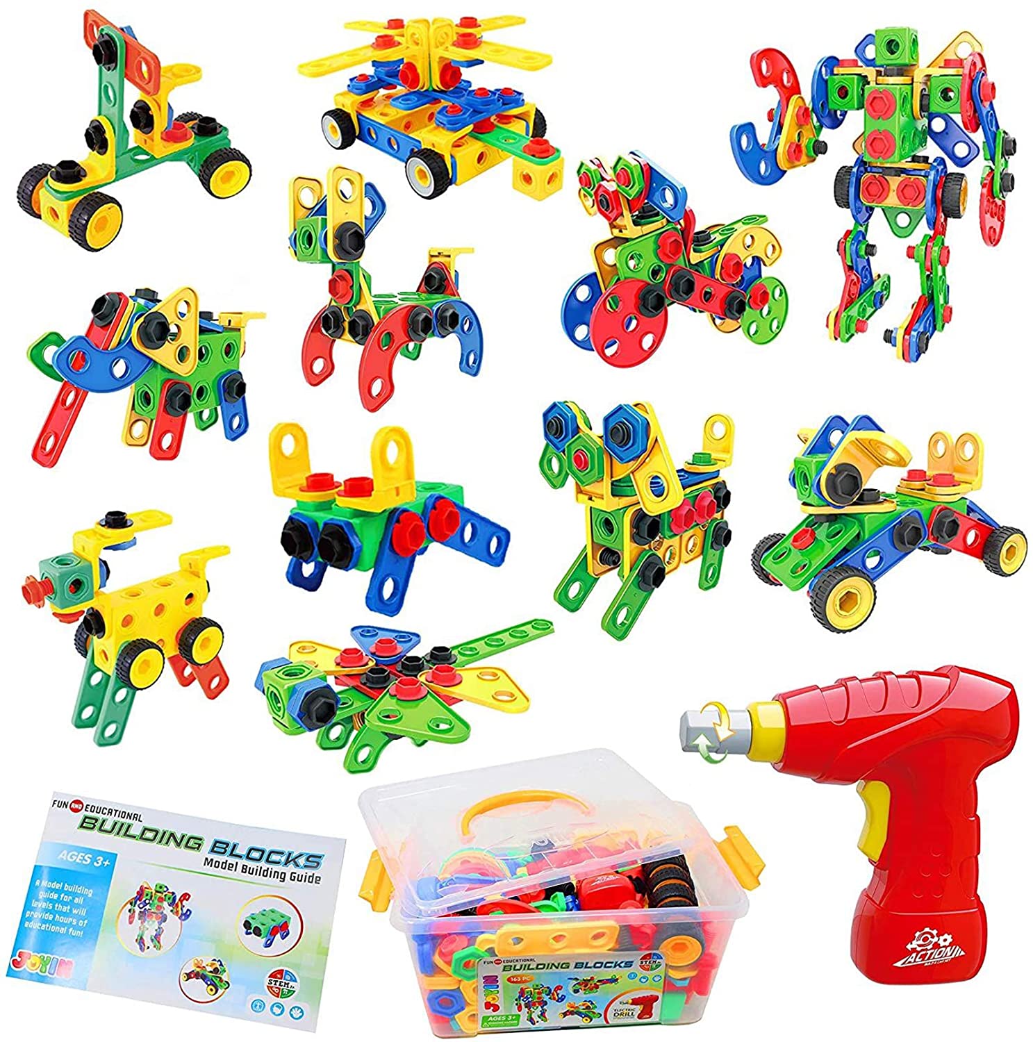 JOYIN 163 Pcs STEM Toys Kit with Electric Drill and Storage Box Set Educational Construction Engineering Building Block Creative Game Toy for Ages 3 Year Old Boys & Girls 