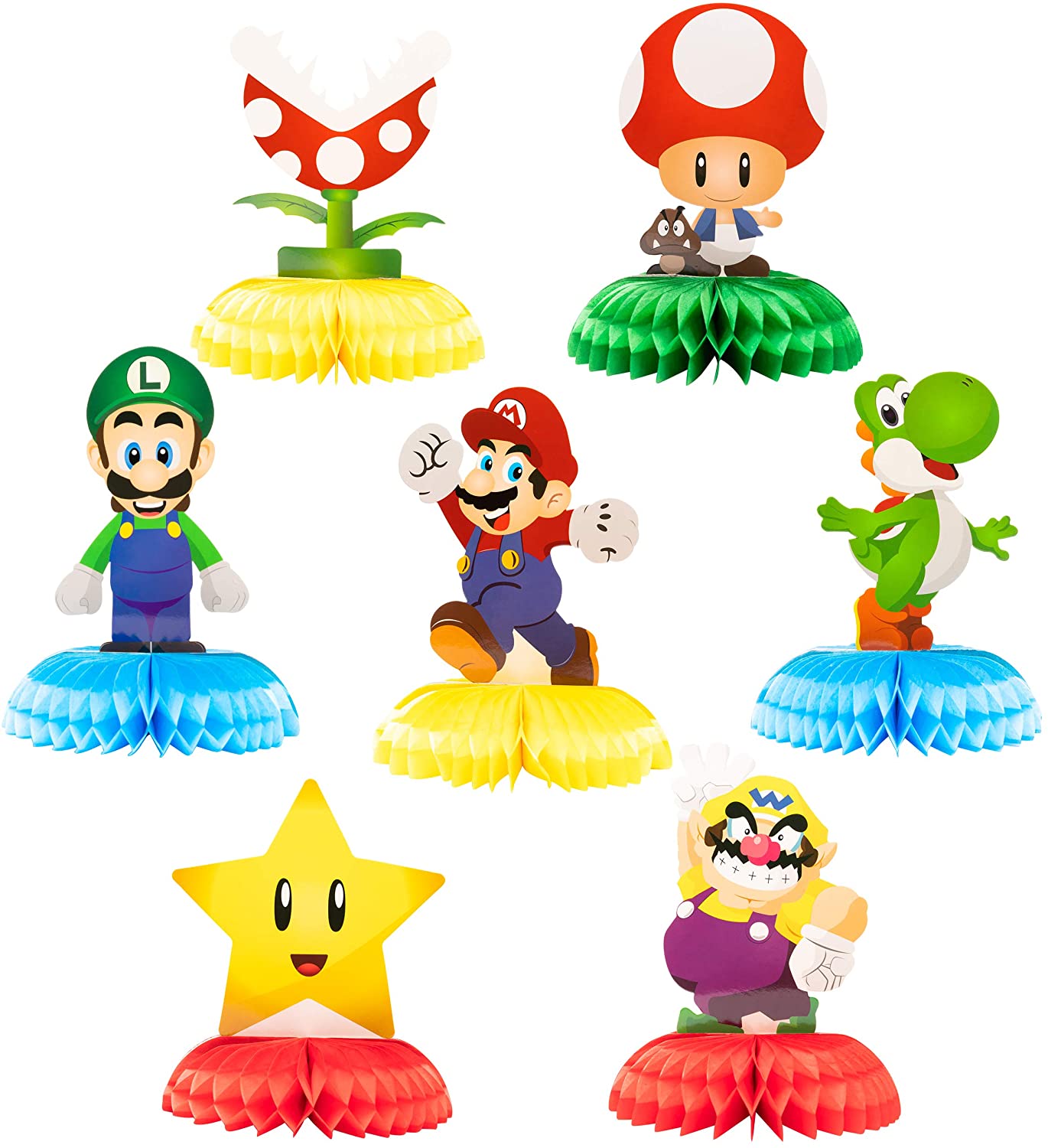 Mario Honeycomb Centerpieces simyron 7 Pieces Super Mario Cake Topper Themed Party Favor Party Cake Supplies Decoration Honeycomb Balls Centerpieces Table Topper for Baby Shower 