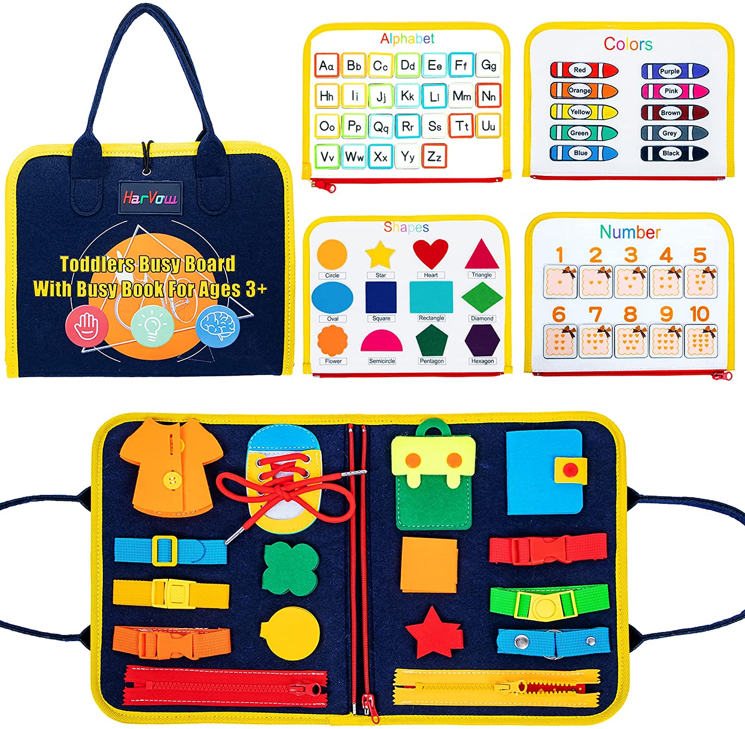  HarVow Busy Board for Toddlers, Sensory Activity Board for  Preschool Learning Toys Quiet Book Montessori Educational Toys for Autism  with Zipper Removable Multiple Page Travel Toys for Boy and Girl 