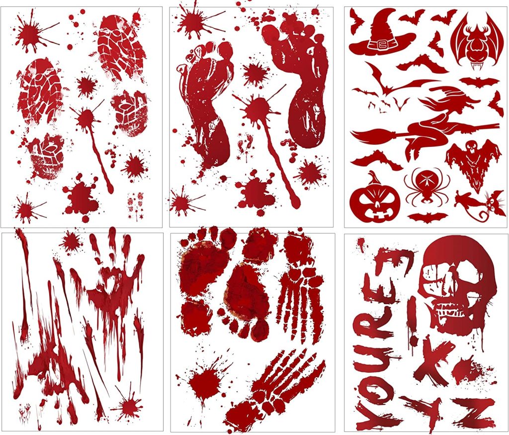 6 PCS of Halloween Stickers, Bloody Handprint Footprints, Bat Skulls ...