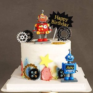 17 Pieces Robot Cake Topper Happy Birthday Gear Cake Decoration Set Mechanic Theme Birthday Party Robot Gear Cake Pick Decororation Robot Figurine for Baby Birthday Party Supplies 