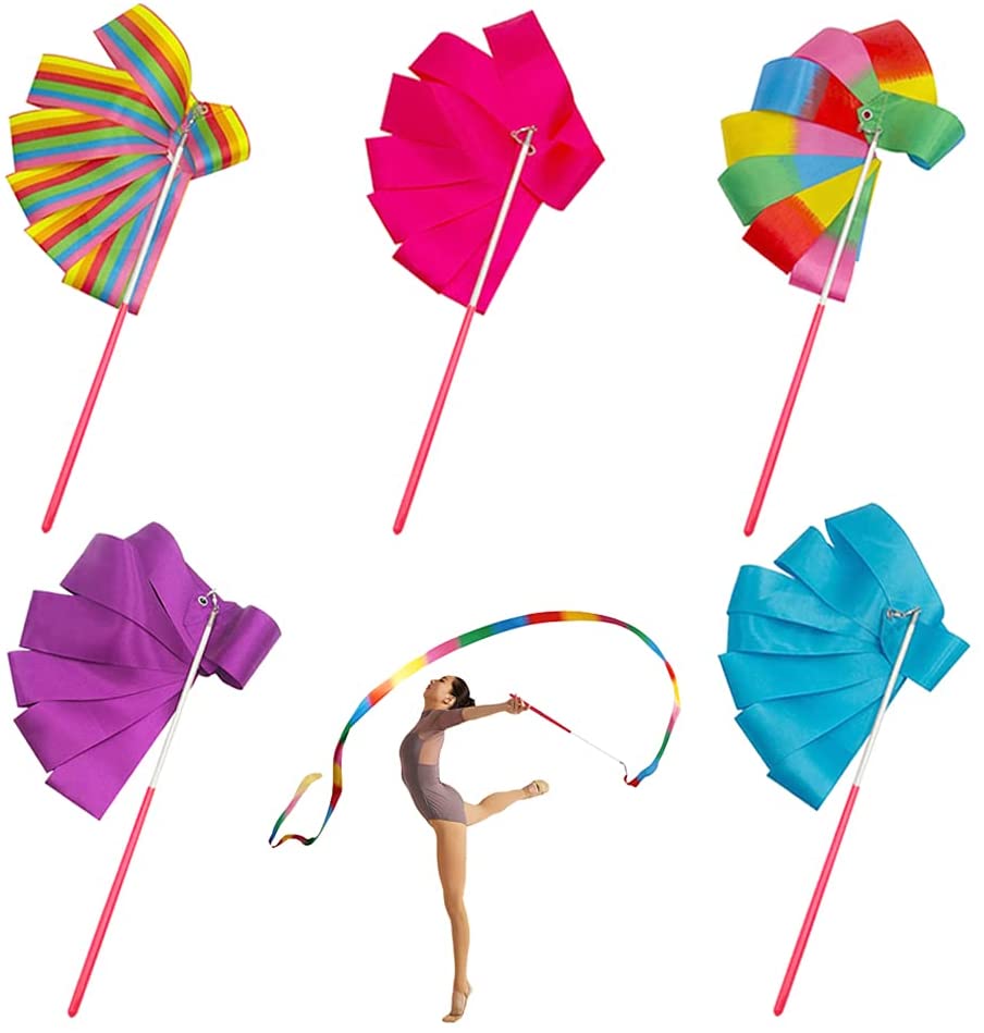 Coobey Rainbow Dance Ribbons Streamers Rhythmic Gymnastics Ribbon Wands for Kids Artistic Dancing 3 colors Baton Twirling 