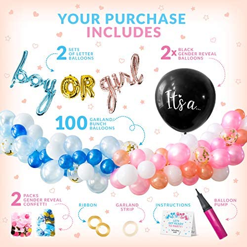 Gender Reveal Pack Black Balloon with Blue Pink Confetti Set Boy or Girl Banner 