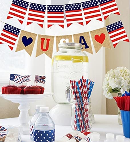 Red White Blue America Memorial Day Veterans Day Decoration Outdoor Mantel Wall Decor Photo Prop Sign USA 4th of July Banner Garland Independence Day Party Supplies Burlap Bunting Celebration 
