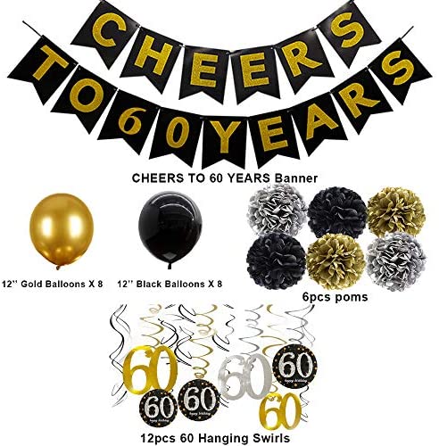 HOWAF 60th Birthday Party Decorations 30pcs 60th Birthday Party Black Gold Hanging Swirls Ceiling Decorations Foil Swirls for Men 60th Birthday Decorations 60 Years Old Party Supplies 