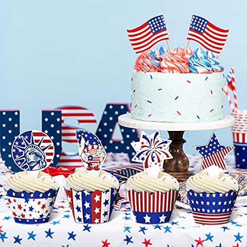 48-Piece American Flag Independence Day Cupcake Party Supplies Patriotic Cake Decorations Whaline 4th of July Cupcake Toppers and Cake Wrappers 
