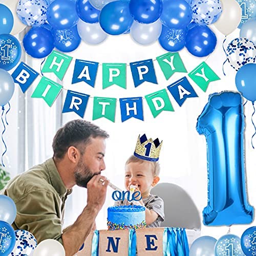 High Chair Decoration 1st Birthday Boy Decorations Mega Set Foil and Latex Balloons Blue Silver Sea Gree Pom Poms and More Decor Supplies Happy Birthday Party Banner Star Bunting Marble ONE Cake Topper Confetti First Bday Royal Boys Crown Hat 