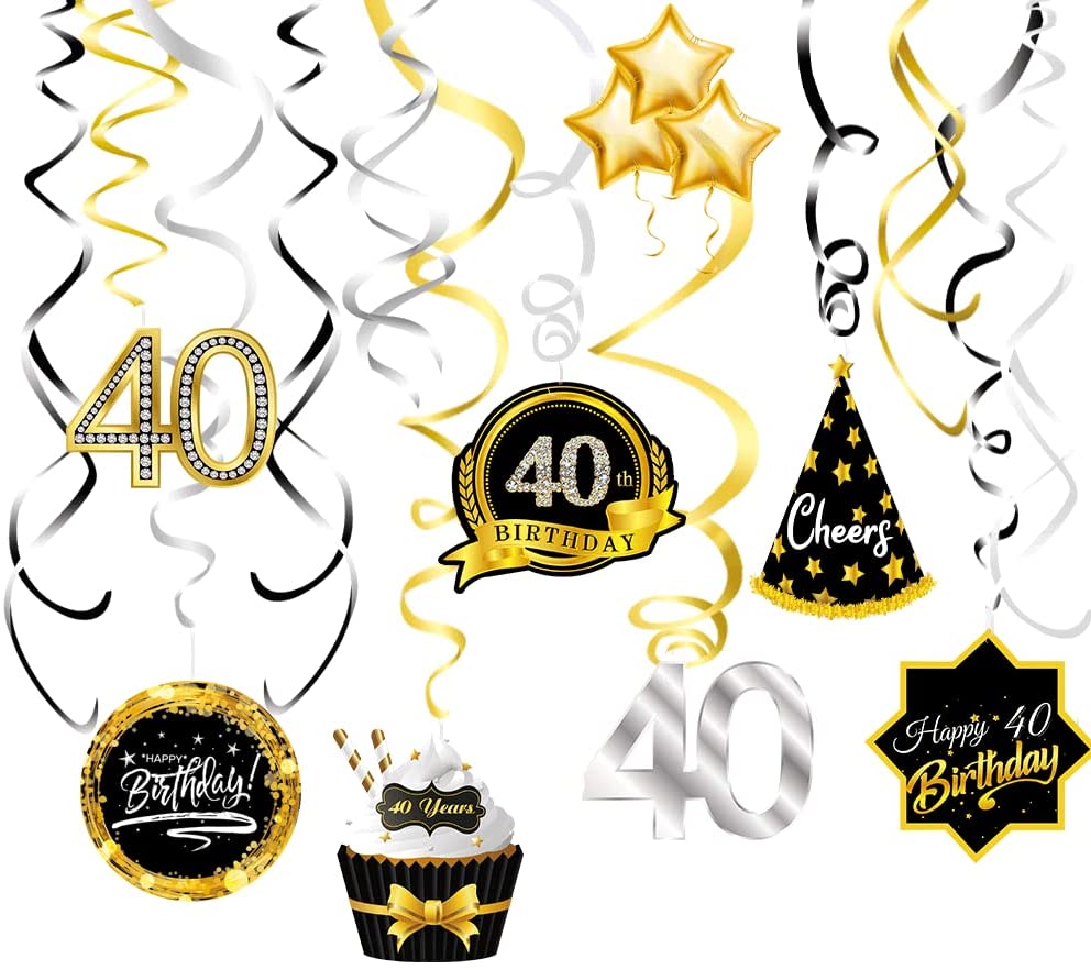 Gold and Black 40th Birthday Swirl Decorations 