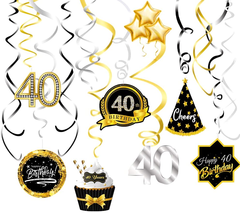Gold and Black 40th Birthday Swirl Decorations 