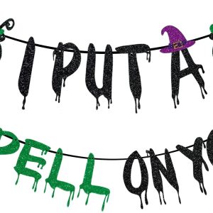 Glittery I PUT A SPELL ON You Banner Hocus Pocus Decor,Halloween Party Decorations Hocus Pocus Halloween Decorations with Witch's Poison Sign,Witch Theme Garland Bunting Decorations 