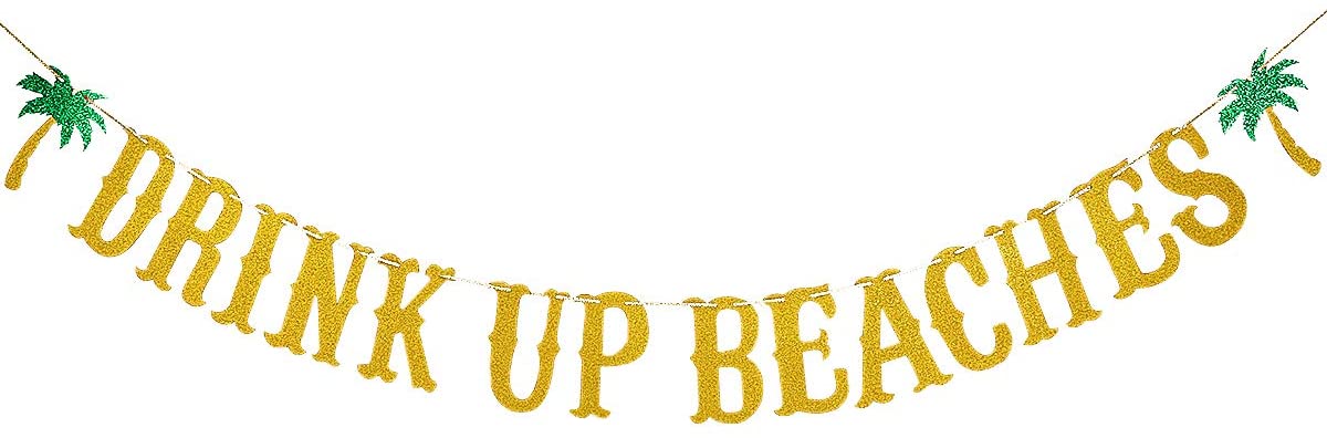 Hawaii Luau Summer Beach Party Decoration Supplies Gold Glittery Drink Up Beaches Coconut Tree Banner 