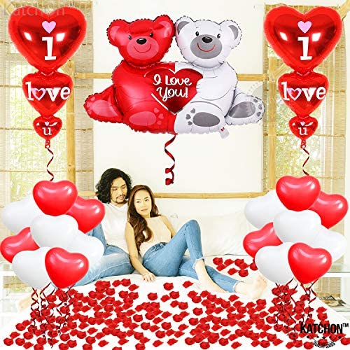 I Love You Balloons Teddy Bear Balloons Set Heart Shaped Balloons Red Heart Balloons for Party Huge Big 40 Inch 2000 Red Rose Petals for Romantic Decorations Special Night Heart Balloon 