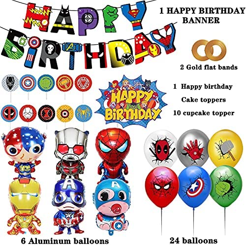 LATERN Superhero Balloons Banner Set Happy Birthday Superhero Banner 11Pcs Superhero Cake Toppers for Avengers Theme Birthday Party Decor 24Pcs Superhero Balloons 