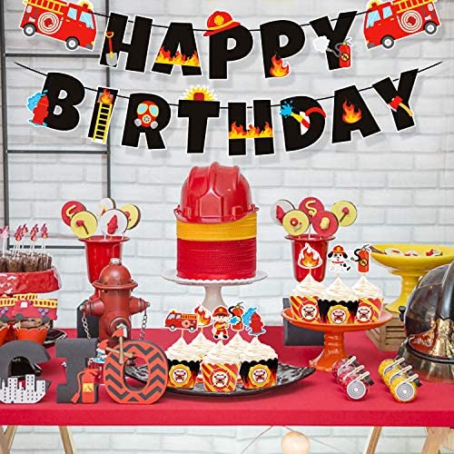Fireman Birthday Decors Firetruck Theme Birthday Baby Shower Party Decorations Fire Engine Rescue Theme Party for Kids 12 Pcs Fire Truck Cupcake Toppers 