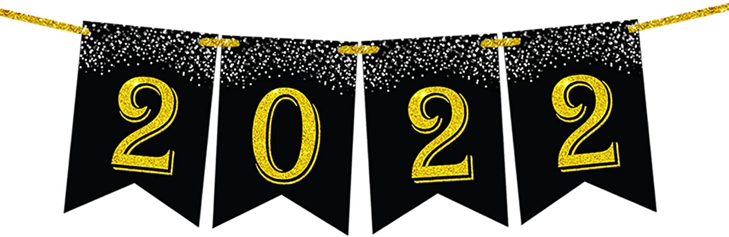 22PCS Gold Glittery Hello 2022 Happy New Year Banner Black Gold Balloons Kit Mantel Home Decor Holiday Party Decorations New Years Eve Theme Garland Party Decorations Welcome to New Year 