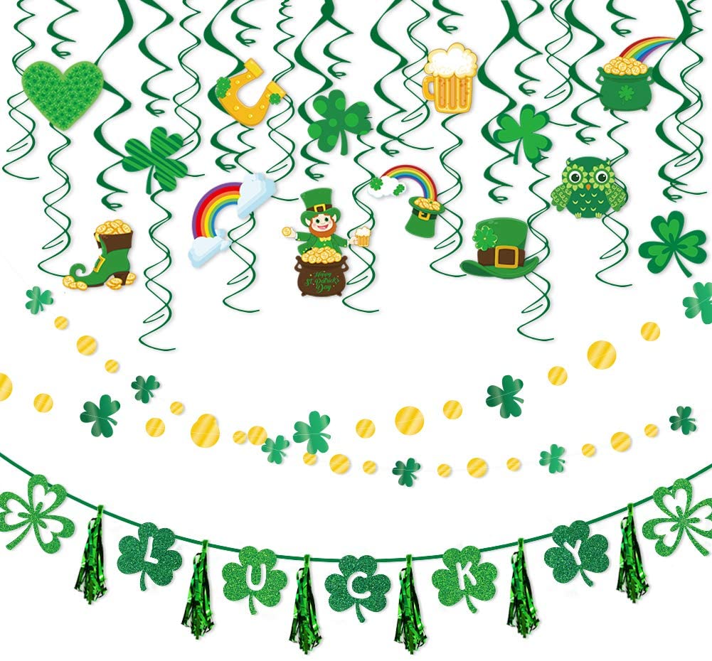 Set of 3 St Patrick's Day Hanging Ornaments Irish Luck Shamrock Green 