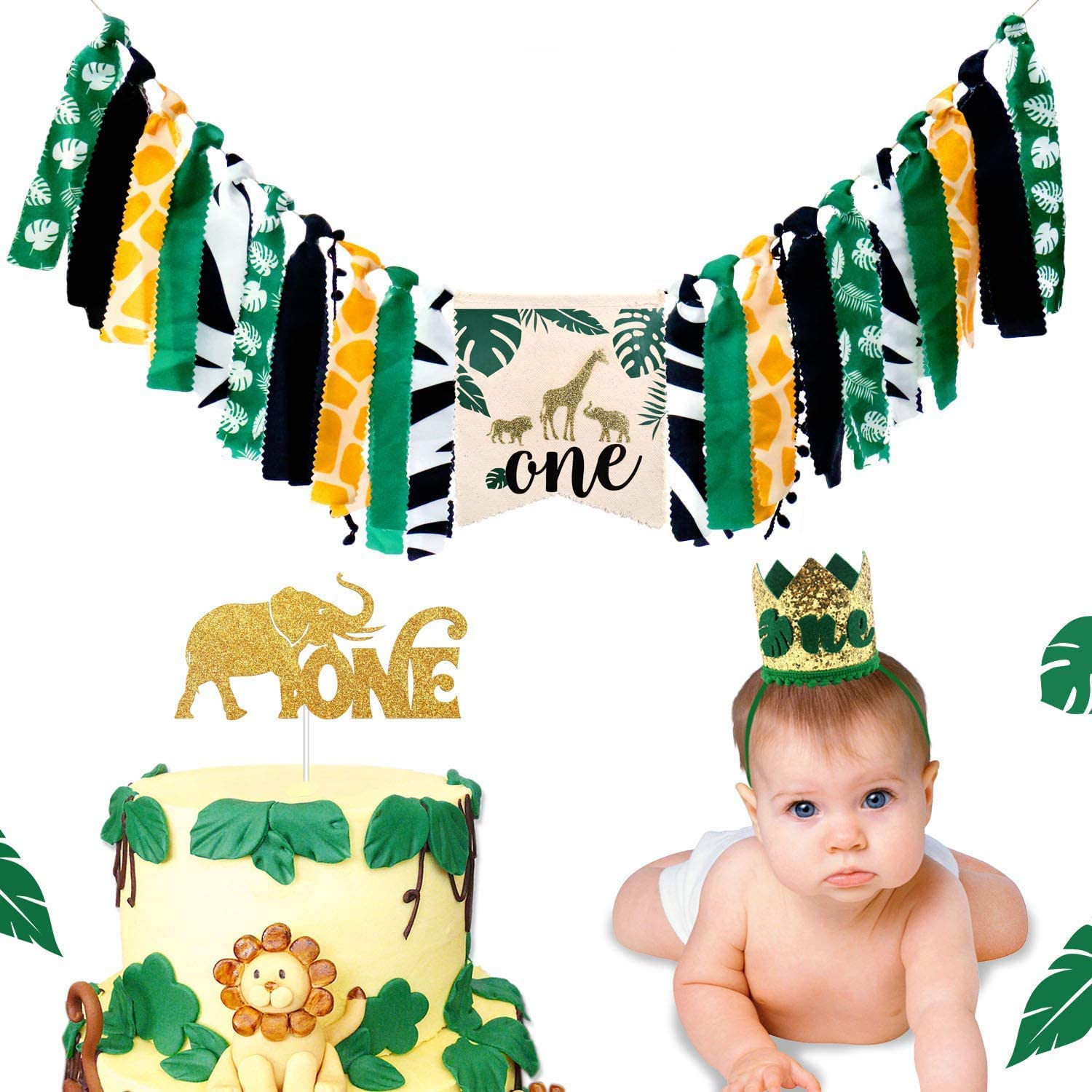 Wild One Birthday Decorations Safari Zoo Animals Happy Birthday Banner with 12 PCS Artificial Palm Leaves for Baby Girl Boy 1st Birthday Jungle Safari Party Decorations Supplies Wild One Kids 1st Birthday HighChair Banner 