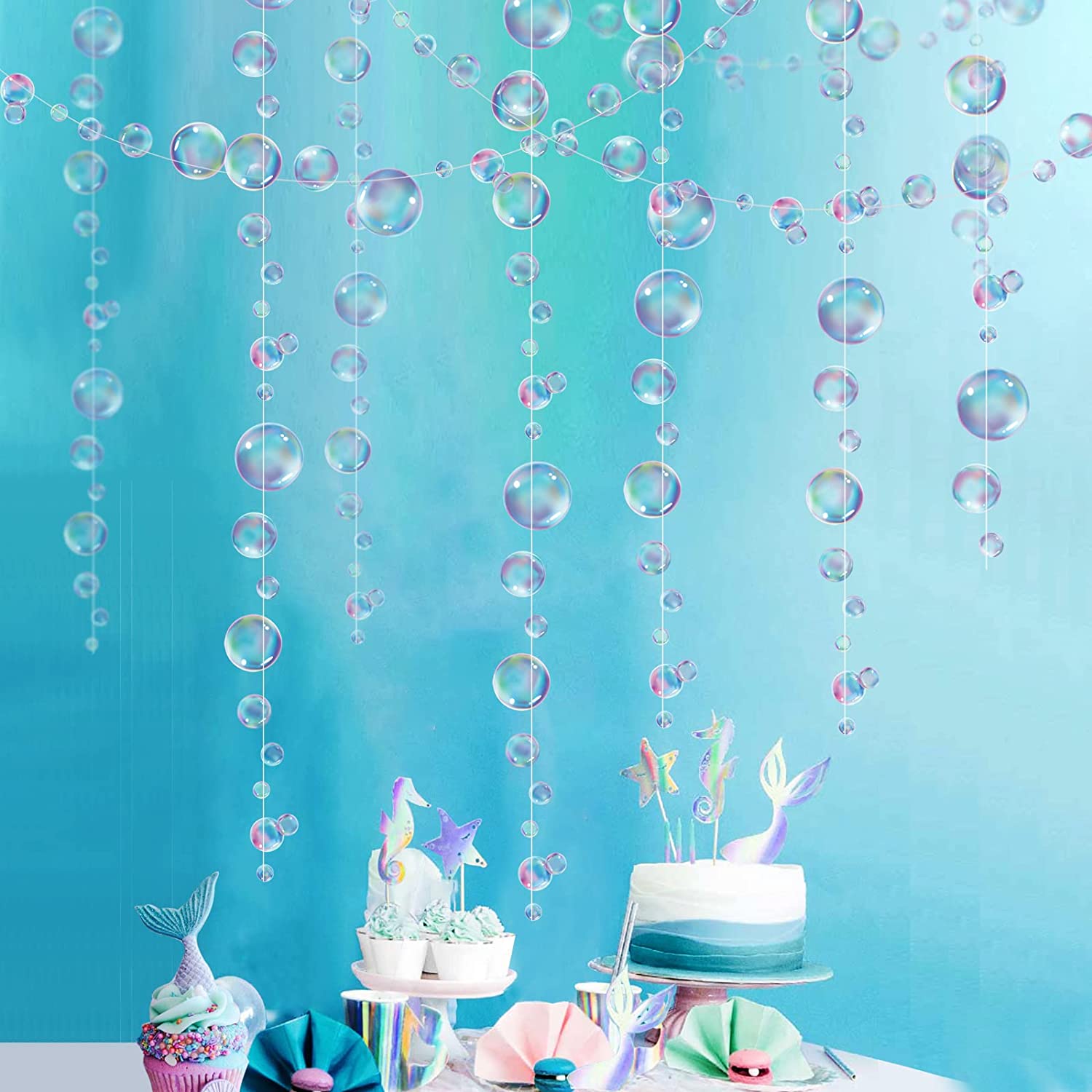 White Transparent Bubble Garlands for Party Decorations Hanging Floating Bubbles Cutout Streamer Background for Mermaid Under The Sea Birthday Home Kids Room Prom Wedding Baby Shower Decor 